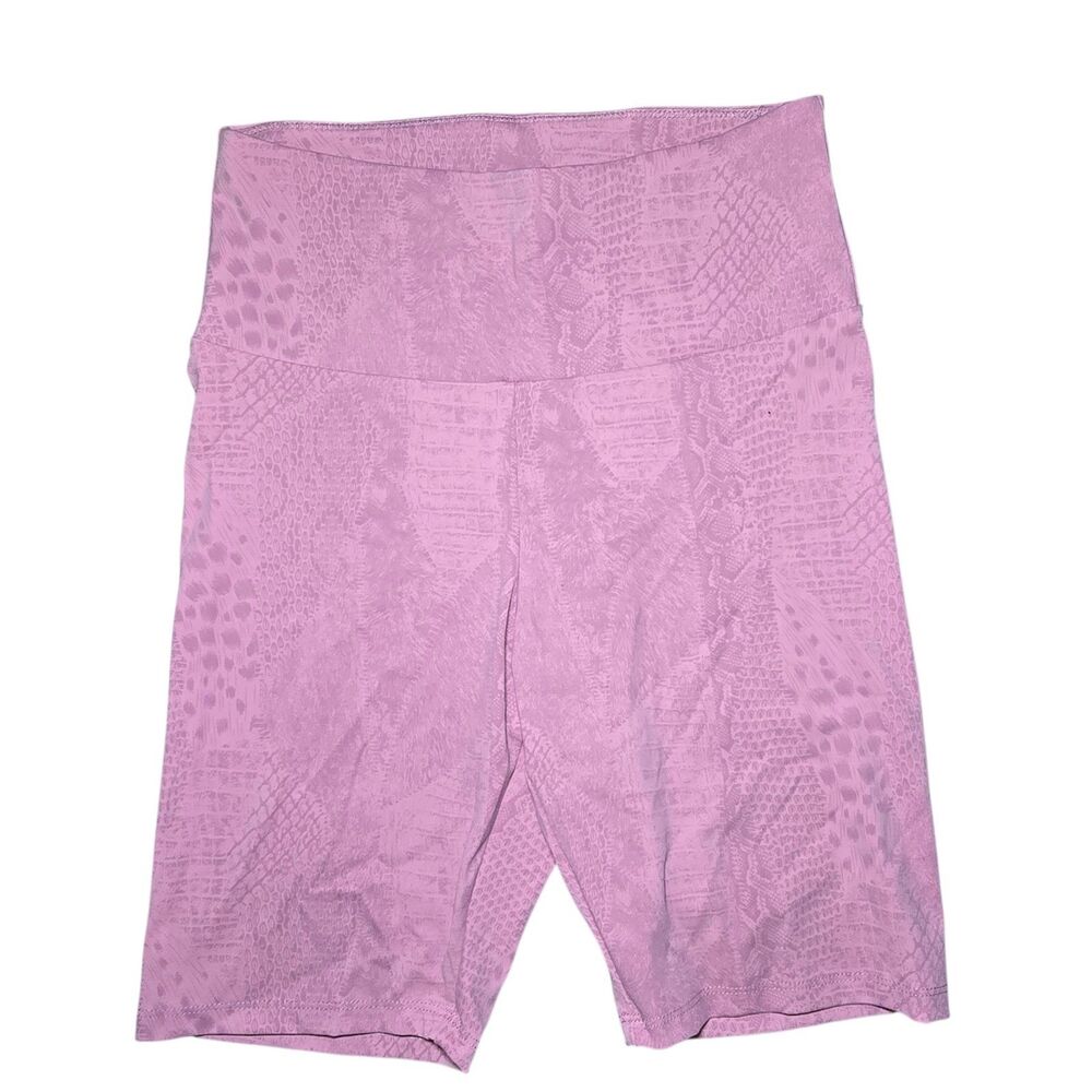 Bebe Women's Small Pink Rhinestone Logo Embossed Snakeskin Biker Shorts Stretch